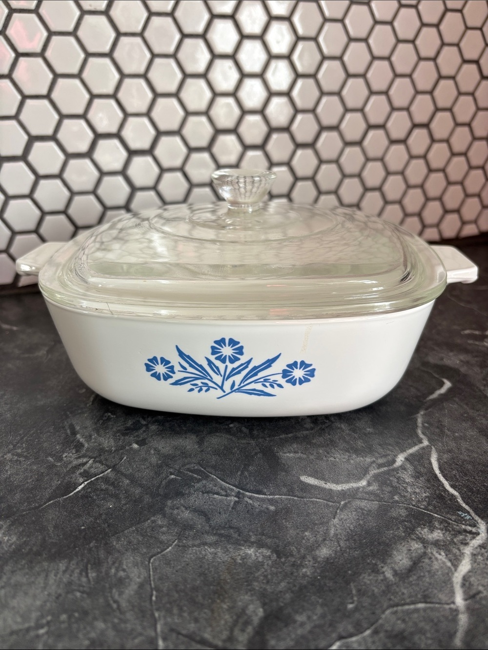Vintage Corningware White Casserole with Blue Cornflower Design and Glass Lid